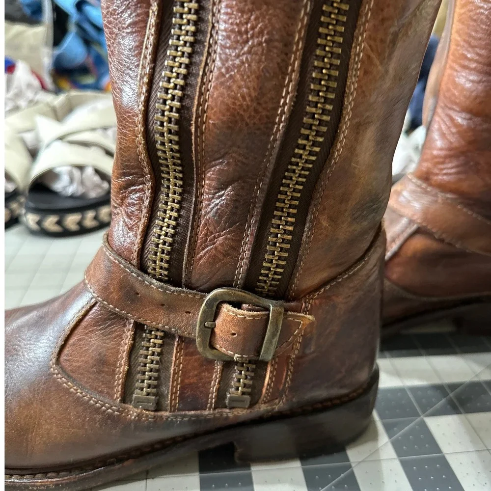 Bed Stu SZ 8 Manchester Tall Boots Brown Leather Distressed Double‎ Zip Buckle